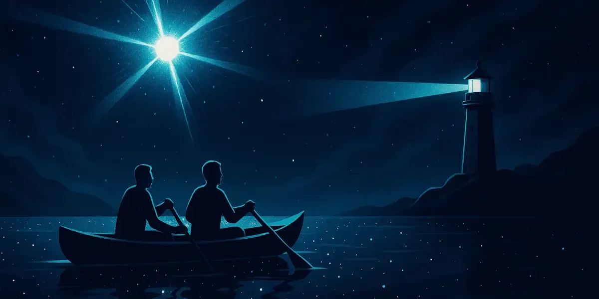 Dos personas remando de noche hacia un faro que les marca el camino